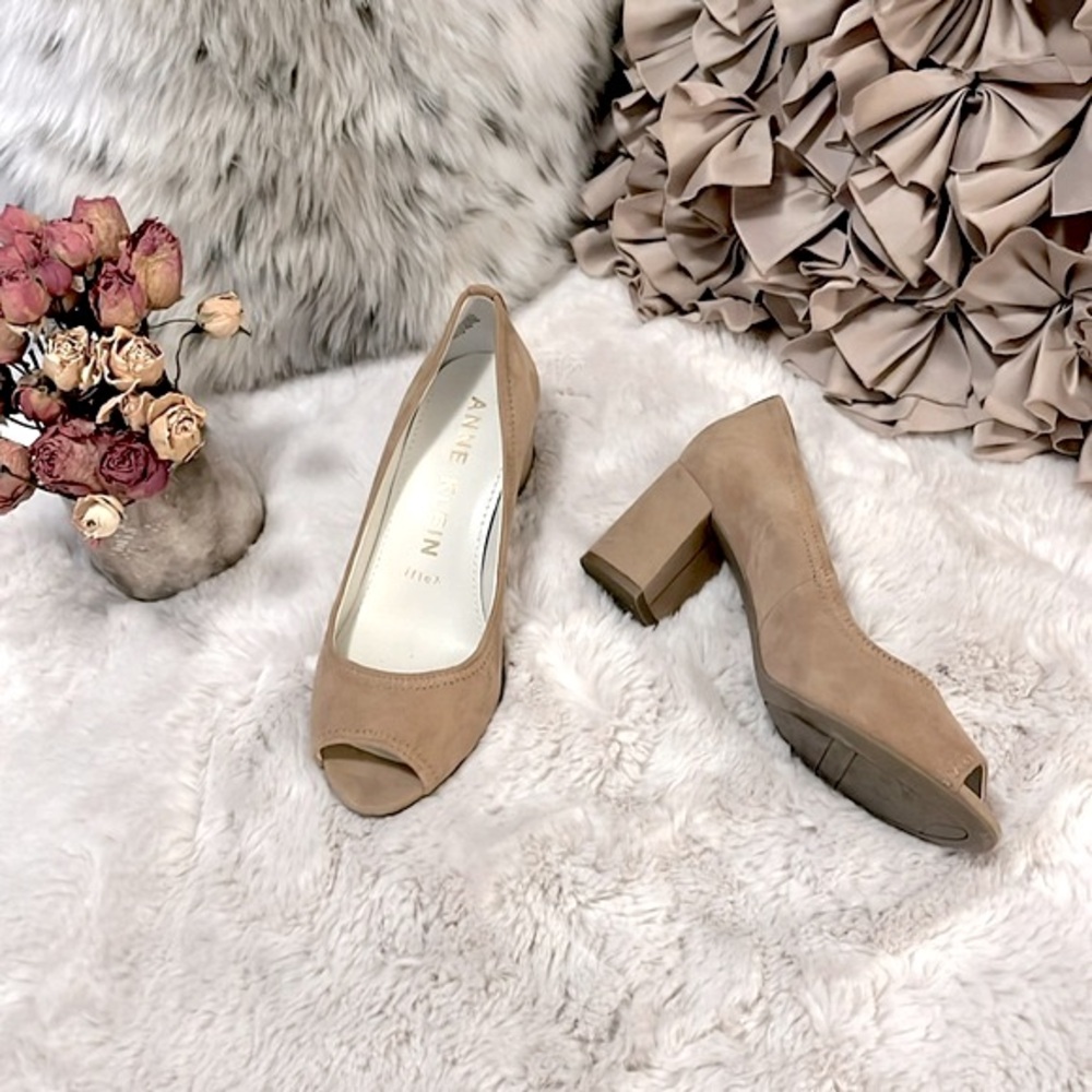 Anne Klein iflex Meredith Tan Suede Leather Peep-Toe Slip On Block Heel Shoes